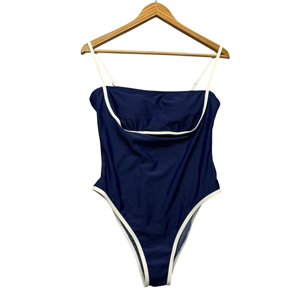Cupshe Womens Swimsuit Medium Navy Blue One Piece Square Neck High Cut Open Back
